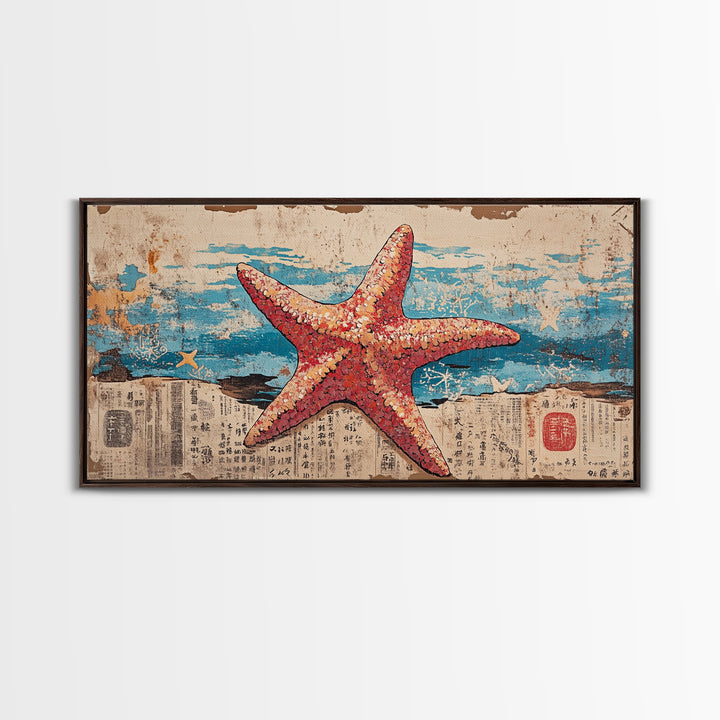 Pink Starfish On Weathered Ocean Pages Wall Art, Coastal Canvas Print, Beach House Living Room Decor, Nautical Bathroom Art