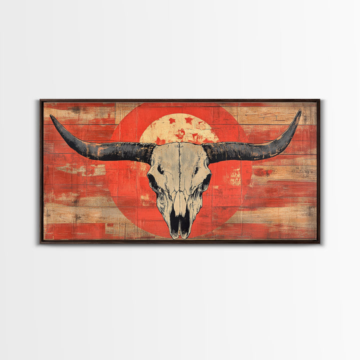 Longhorn Skull On Distressed Red Wood Wall Art, Western Framed Canvas Print, Rustic Cowboy Ranch Home Decor For Living Room