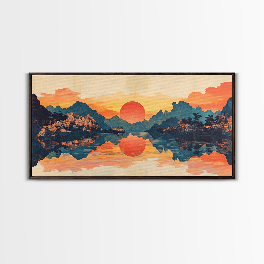 Red Sun Mountain Lake Reflection Wall Art, Japanese Landscape Print, Panoramic Canvas, Serene Living Room Decor, Above Sofa Decor