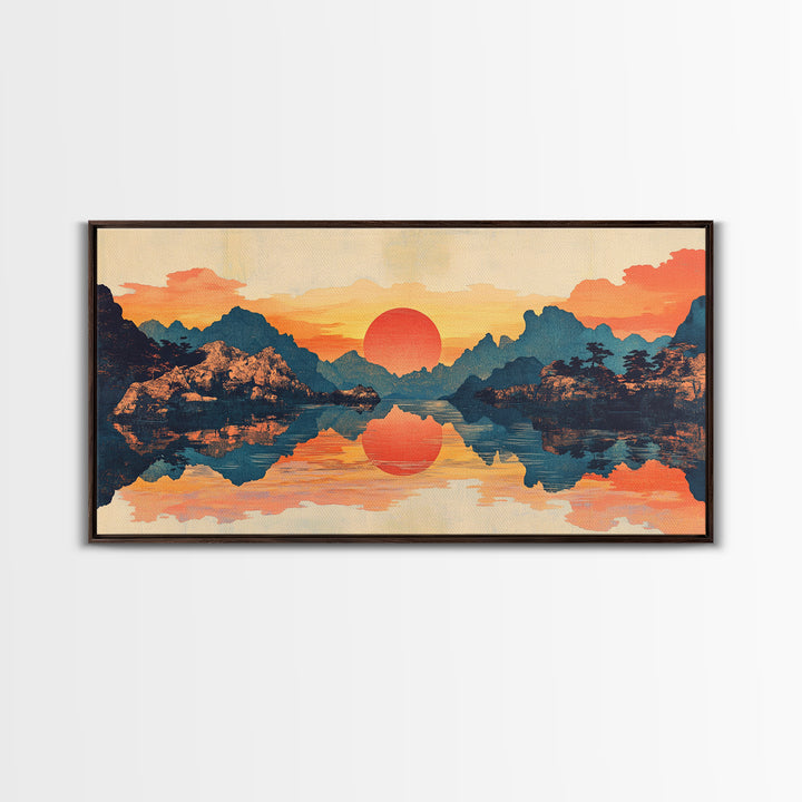 Red Sun Mountain Lake Reflection Wall Art, Japanese Landscape Print, Panoramic Canvas, Serene Living Room Decor, Above Sofa Decor