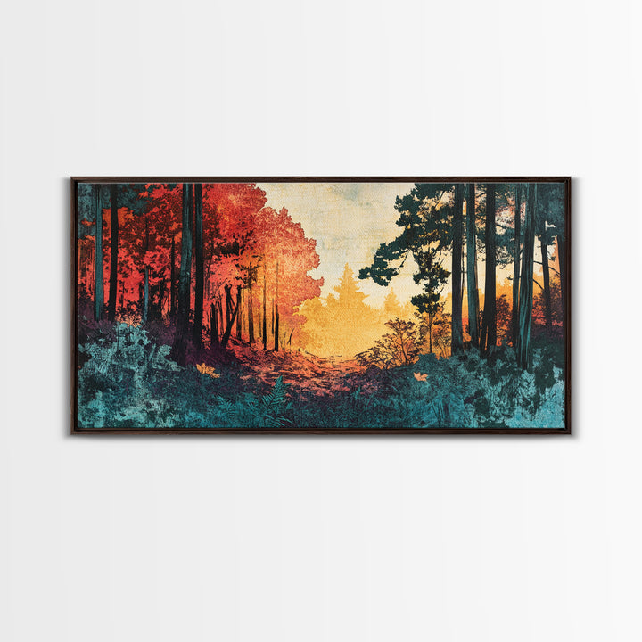 Autumn Forest Path Wall Art, Moody Landscape Canvas Print, Red Trees Nature Decor, Rustic Cabin Living Room Wall Decor Gift