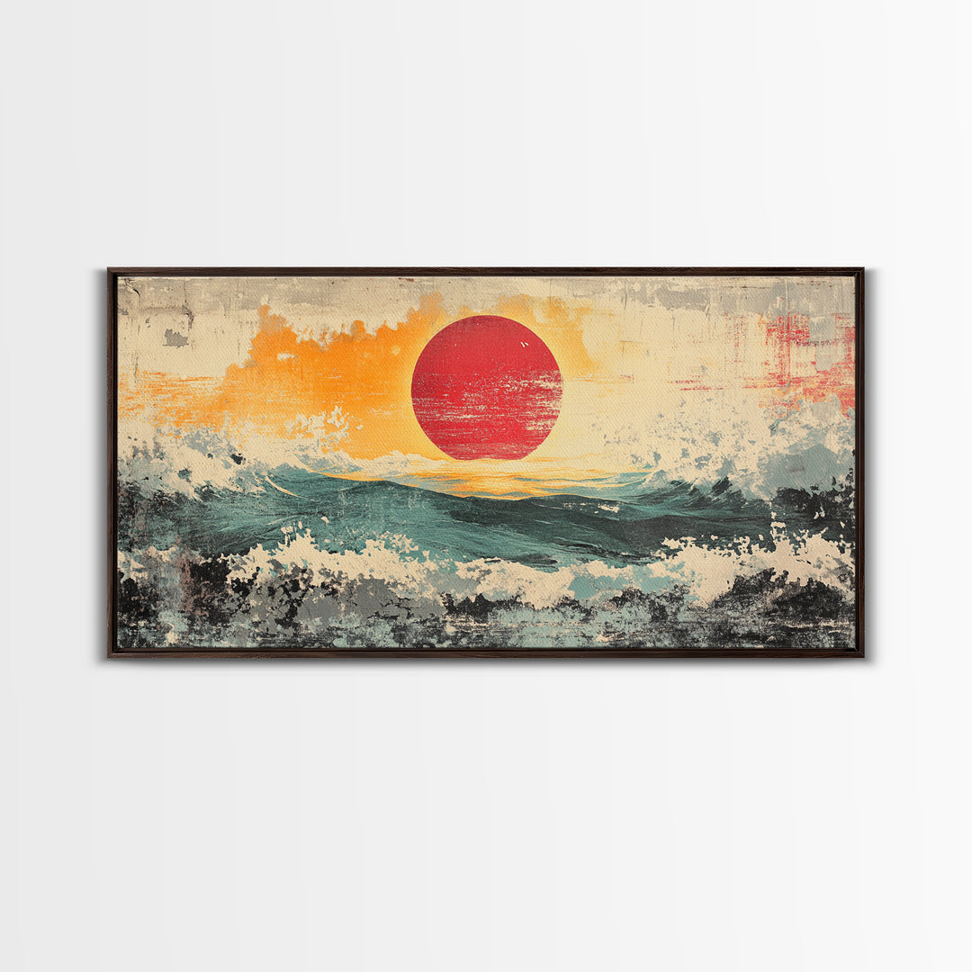Abstract Red Sun Seascape Wall Art, Ocean Wave Canvas Print, Coastal Modern Decor, Large Living Room Wall Decor, Above Sofa Decor