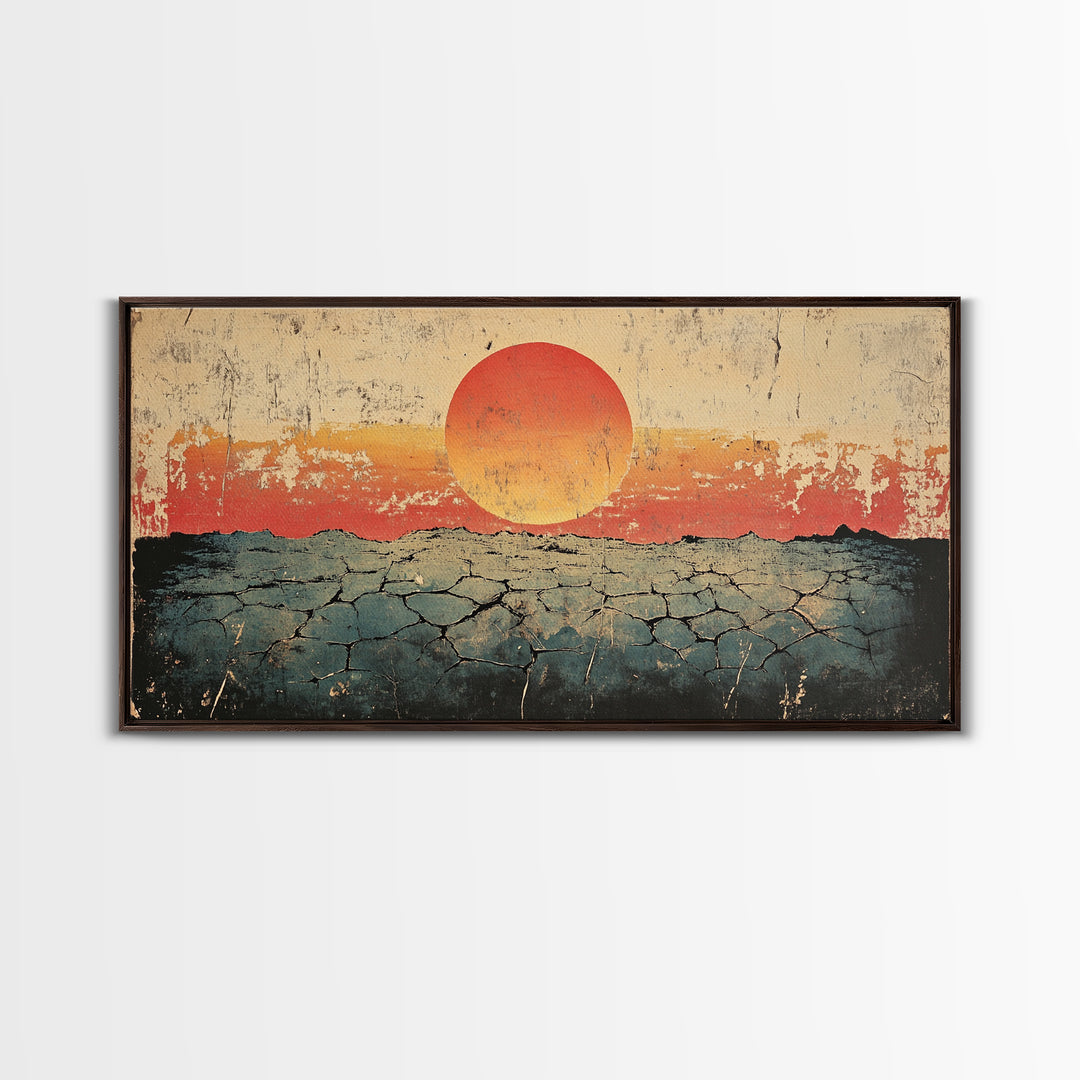 Cracked Desert Red Sun Wall Art, Southwestern Canvas Print, Minimal Landscape, Earth Tone Modern Living Room Decor, Housewarming Gift