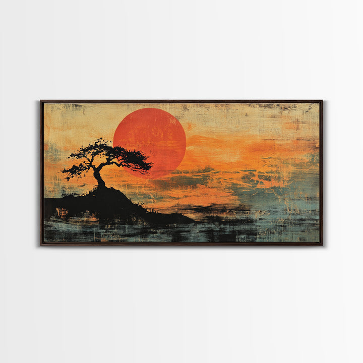 Solitary Tree Sunset Wall Art, Japanese Landscape Print, Moody Orange Coastal Decor, Panoramic Canvas Print For Living Room