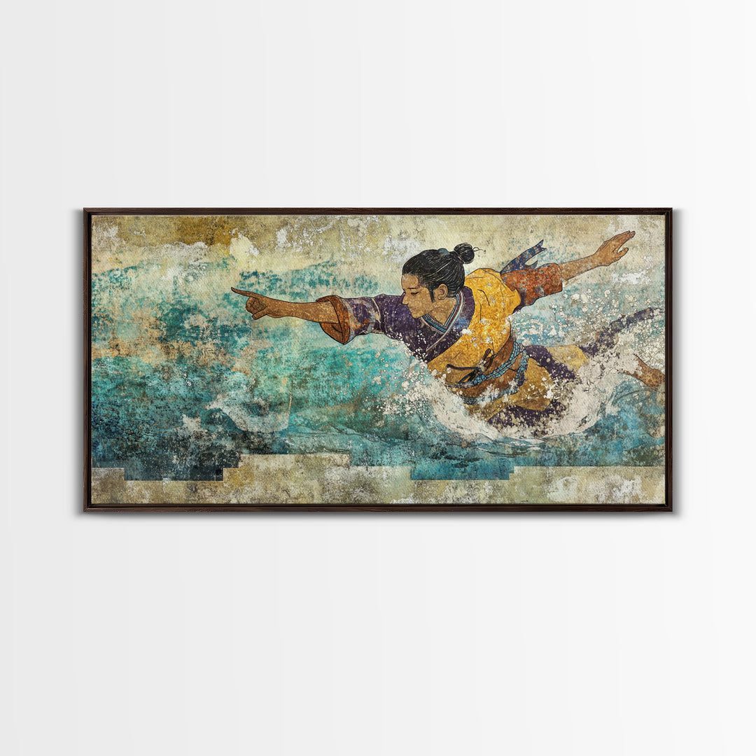 Japanese Warrior Swimming In Turquoise Waves Canvas Print, Asian Inspired Wall Decor, Martial Arts Gift, Coastal Home Decor
