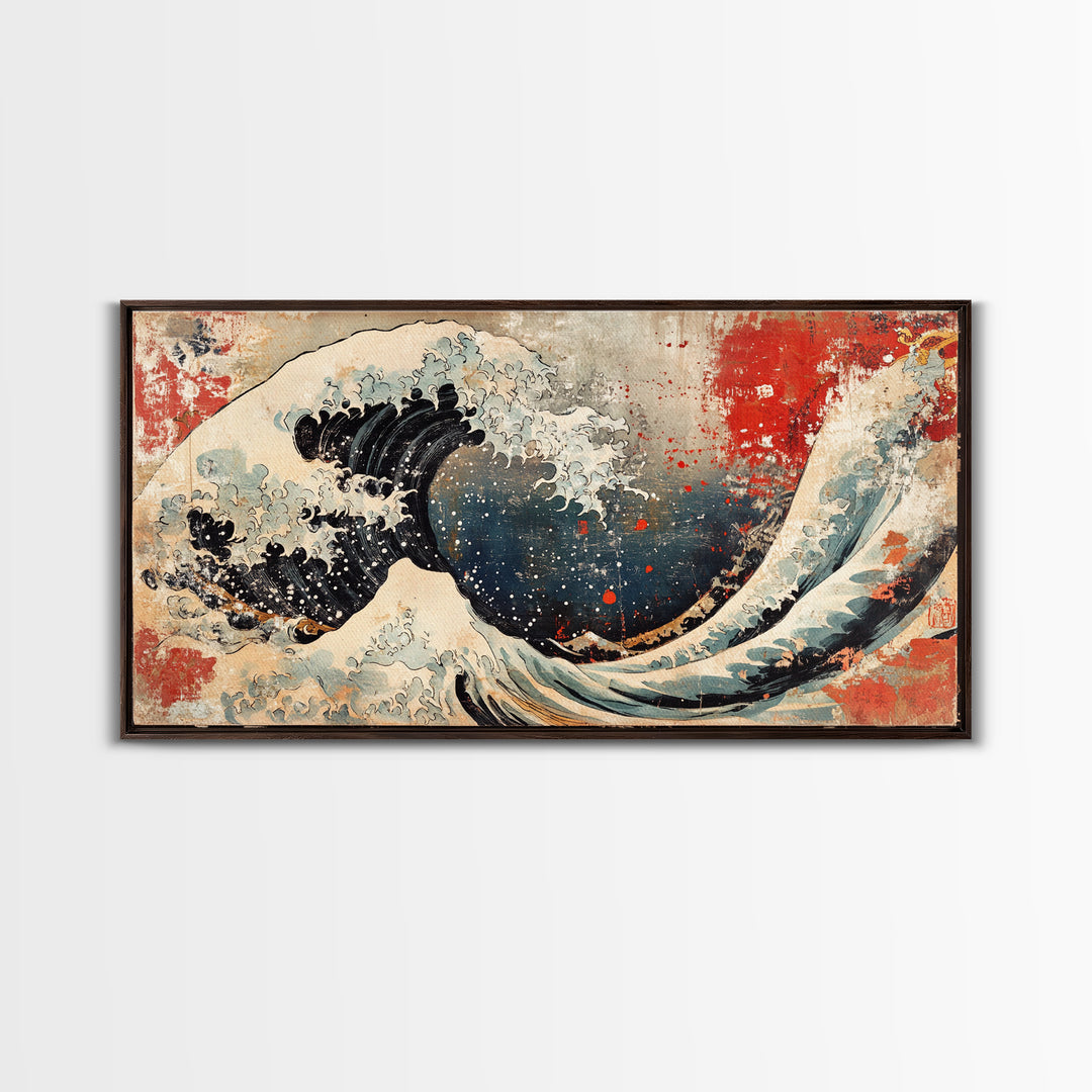 Great Wave With Red Sun Canvas Print, Japanese Ocean Wall Art, Hokusai Inspired Seascape, Coastal Living Room Decor Gift