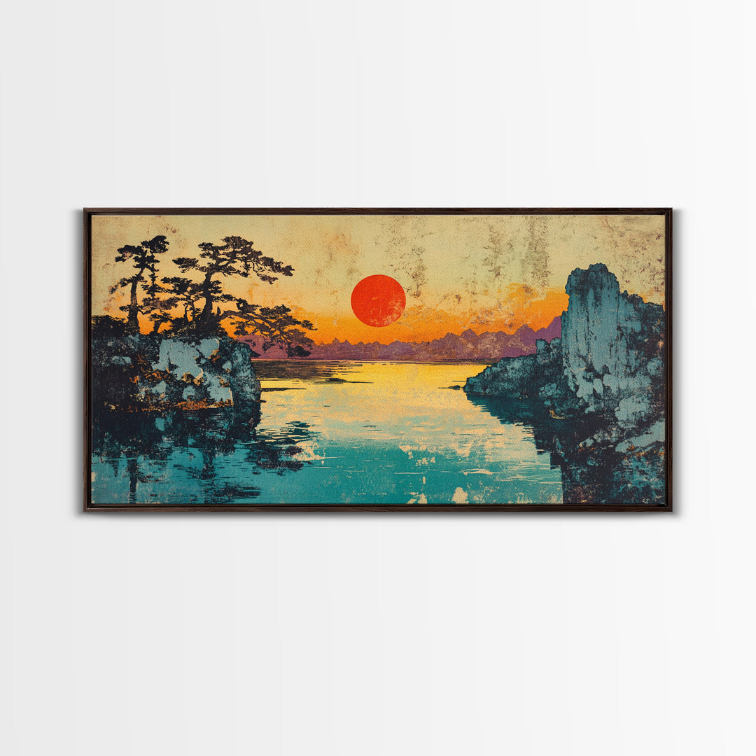 Red Sun Lake Between Pine Cliffs Wall Art, Japanese Landscape Canvas Print, Serene Nature Decor, Coastal Living Room Gift