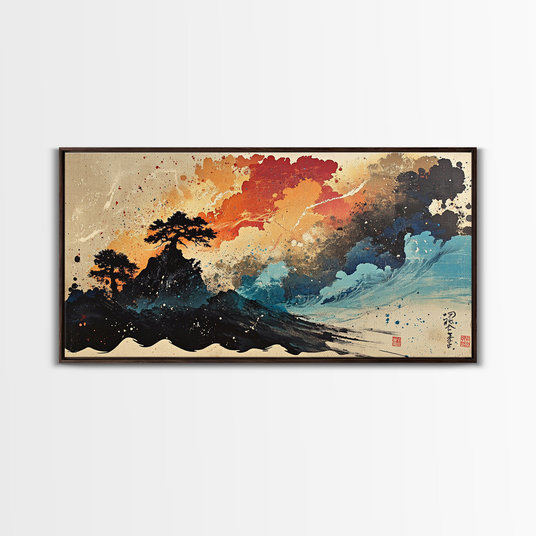Stormy Island Waves And Red Clouds Wall Art, Japanese Ink Seascape Print, Moody Coastal Decor, Dramatic Canvas Print Gift