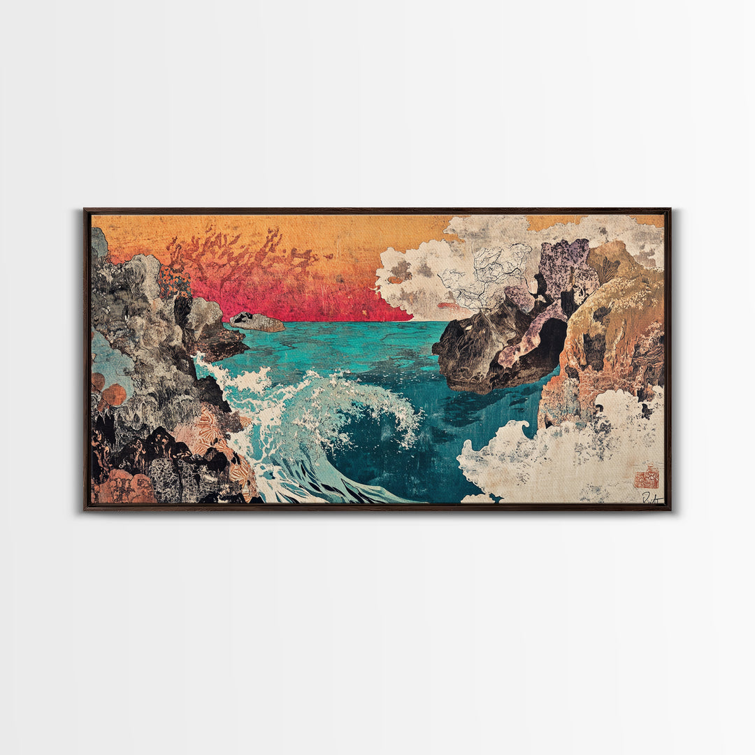 Rocky Cove With Turquoise Surf Wall Art, Japanese Coastal Seascape Print, Ocean Landscape Decor, Large Canvas Print Gift