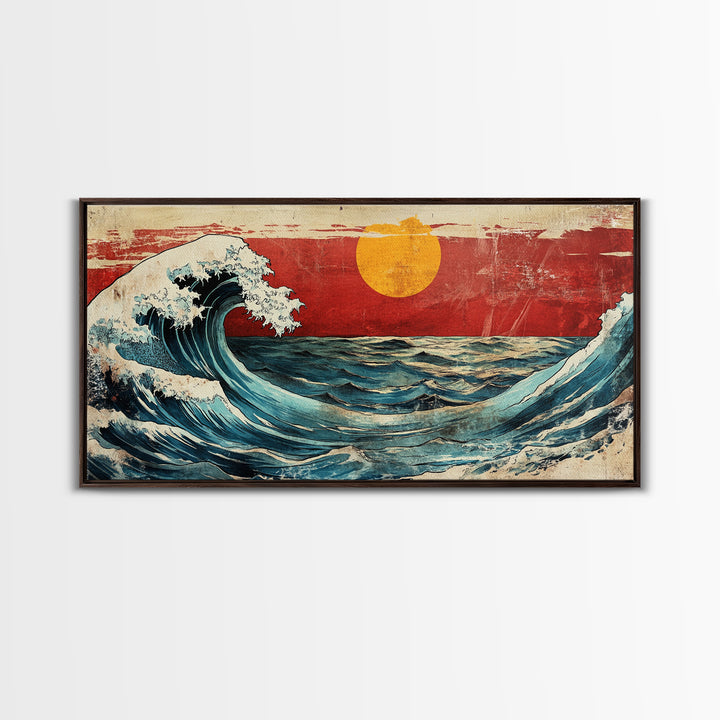 Rolling Ocean Wave Under Yellow Sun Canvas Print, Japanese Seascape Wall Art, Coastal Living Room Decor, Beach House Gift