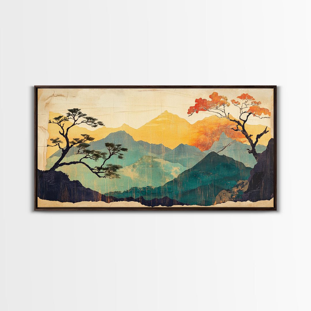 Golden Mountain Sunrise With Autumn Trees Wall Art, Japandi Landscape Canvas Print, Nature Decor For Calm Living Room And Bedroom Decor