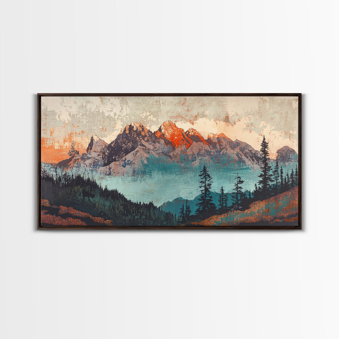 Snowy Mountain Peaks And Pine Forest Wall Art, Rustic Landscape Framed Canvas Print, Large Nature Decor For Living Room Art