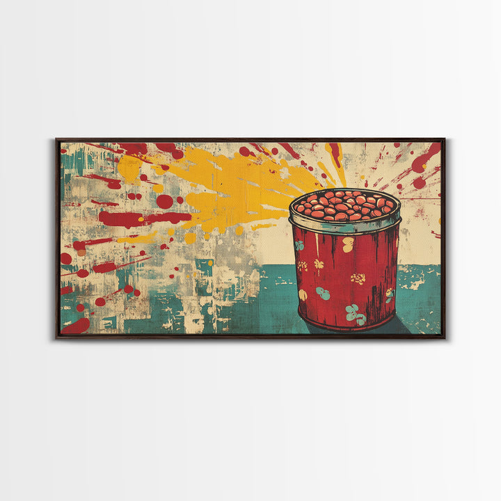 Retro Red Tin Of Beans With Yellow Paint Splashes Wall Art, Pop Art Canvas Print, Fun Kitchen Decor For Dining Room Poster