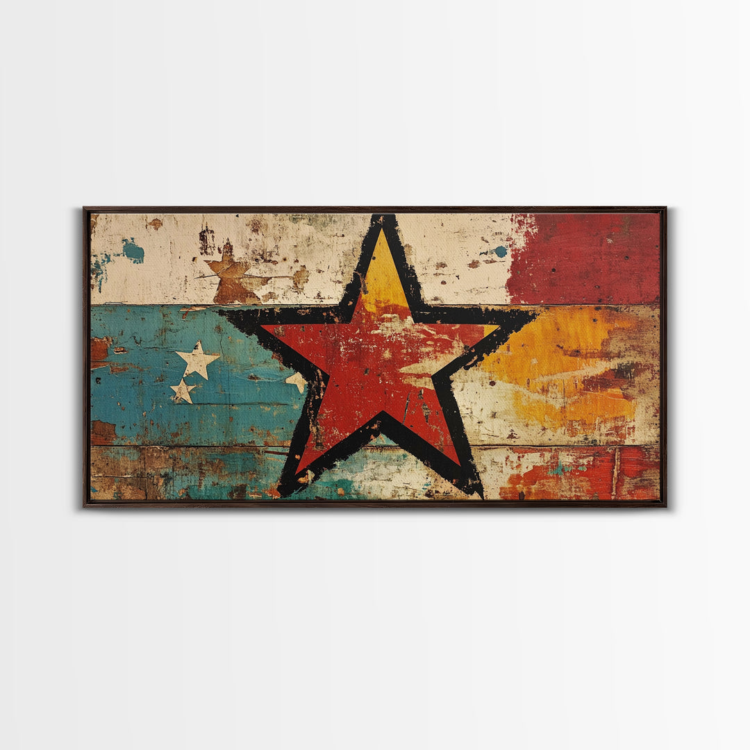 Distressed Red Star On Teal And Gold Abstract Wall Art, Retro Americana Canvas Print, Bold Rustic Home Decor For Man Cave Or Office