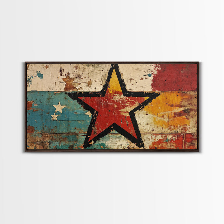 Distressed Red Star On Teal And Gold Abstract Wall Art, Retro Americana Canvas Print, Bold Rustic Home Decor For Man Cave Or Office