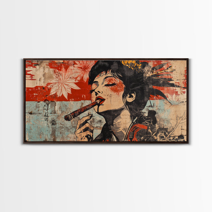 Glamorous Geisha Woman Smoking Cigar Wall Art, Japanese Pop Art Canvas Print, Bold Feminine Decor For Lounge And Living Room