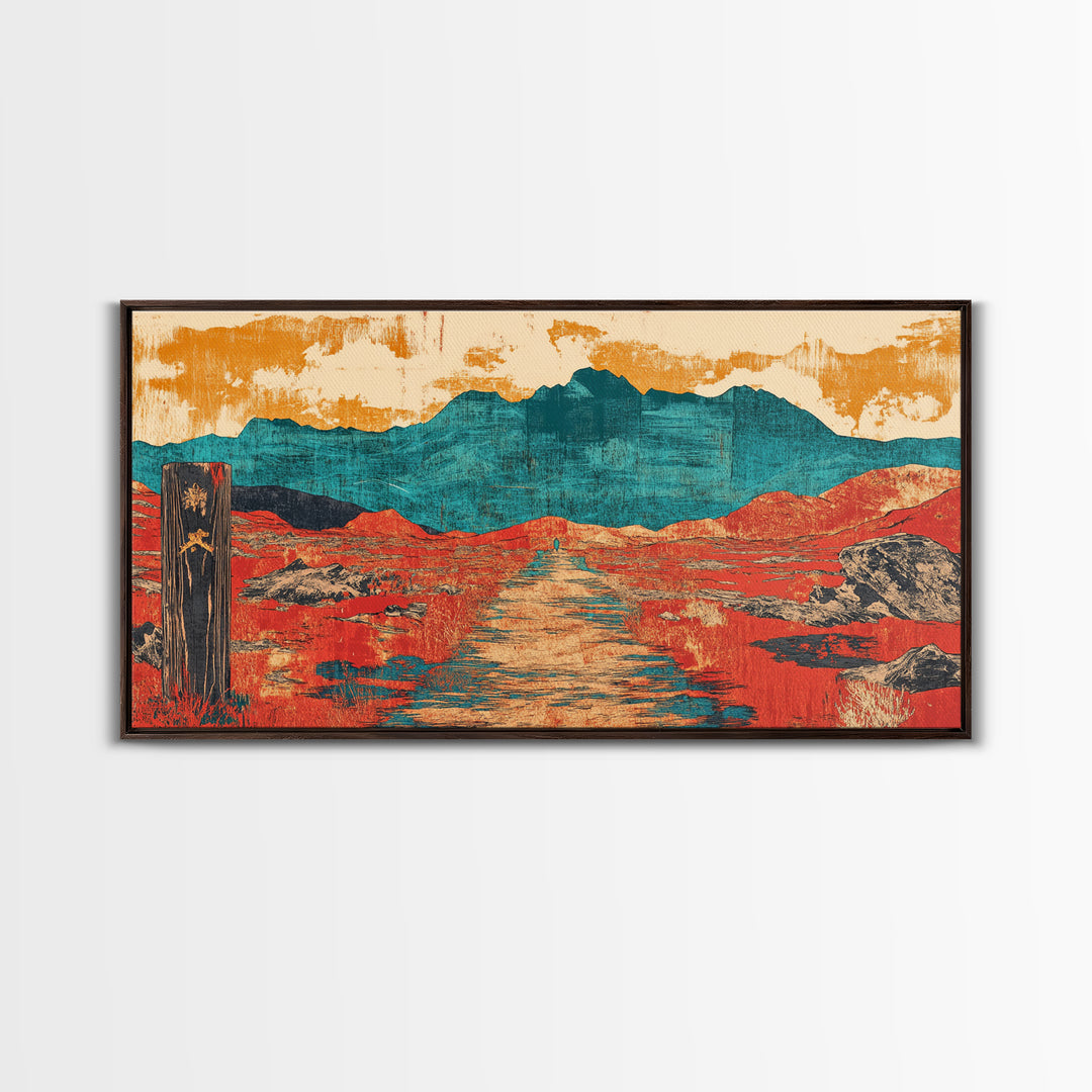 Red Desert Road To Turquoise Mountains Canvas Print, Southwestern Landscape Art, Boho Western Decor, Large Living Room Wall Art