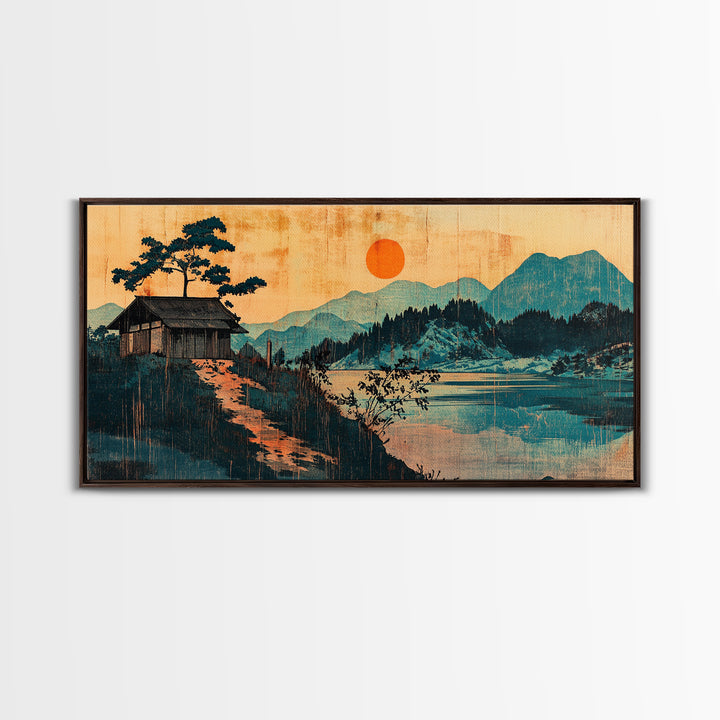 Lakeside Cabin With Red Sun Wall Art, Japanese Mountain Landscape Print, Japandi Decor, Serene Living Room Canvas Art Print