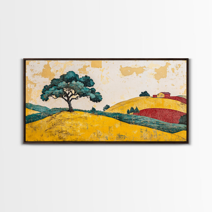 Lone Tree On Golden Rolling Hills Canvas Print, Rustic Country Landscape Art, Farmhouse Wall Decor, Warm Home Decor Wall Art