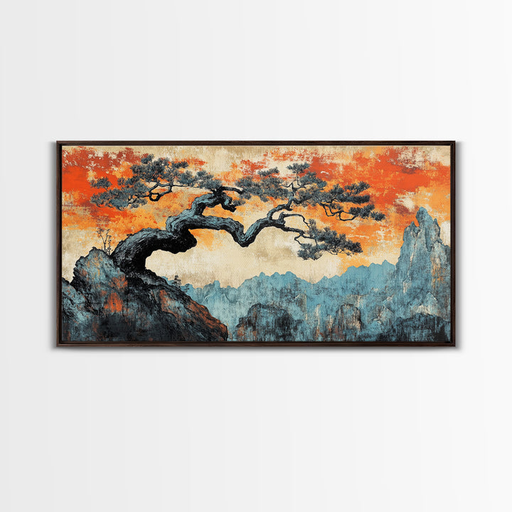 Windswept Pine Over Misty Blue Mountains Wall Art, Asian Landscape Print, Orange Sky Japandi Decor, Large Canvas Print Decor