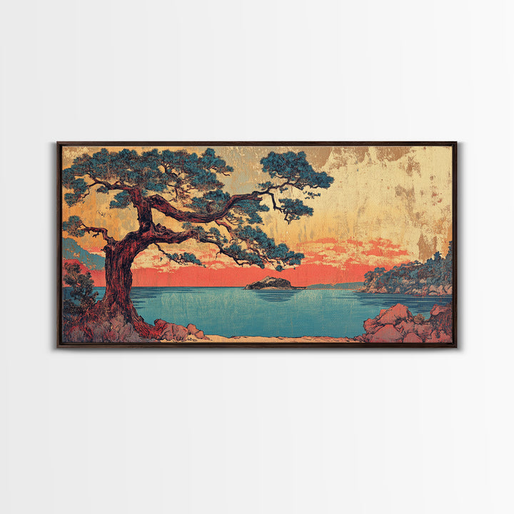Coastal Pine Tree At Coral Sunset Framed Canvas Print, Japanese Seascape Wall Art, Teal Ocean Decor, Above Sofa Art Print
