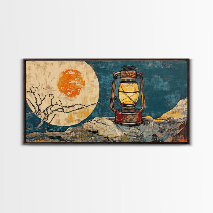 Rustic Lantern Beside Abstract Moon Wall Art, Teal Gold Night Sky Print, Celestial Decor, Wabi Sabi Canvas Print For Bedroom