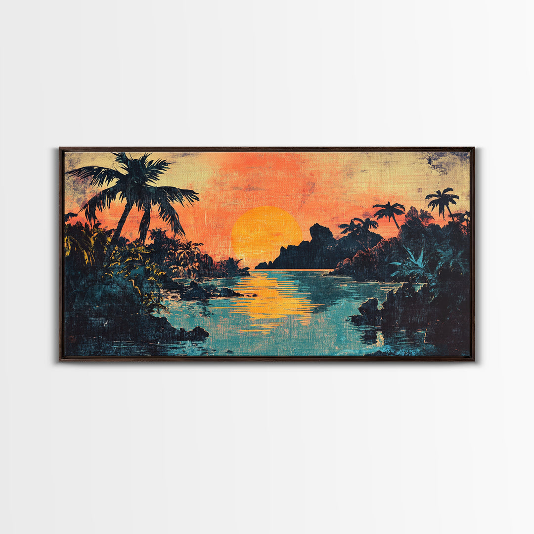 Tropical Lagoon Sunset With Palm Trees Canvas Print, Coastal Wall Art, Island Decor, Vibrant Beach House Living Room Art