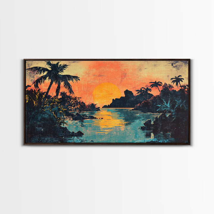 Tropical Lagoon Sunset With Palm Trees Canvas Print, Coastal Wall Art, Island Decor, Vibrant Beach House Living Room Art