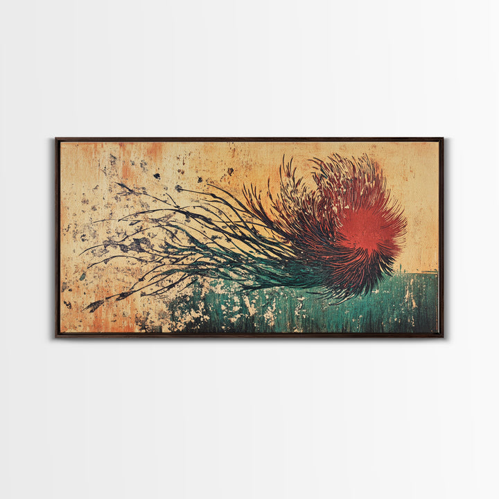 Red Windblown Botanical Flower Wall Art, Textured Japanese Canvas Print, Abstract Floral Living Room Decor, Home Decor Gift For Her