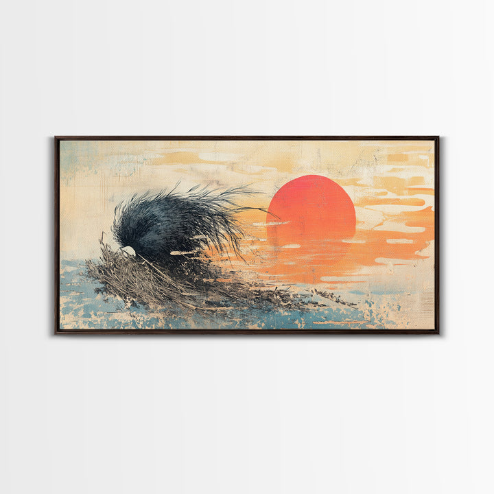 Black Abstract Wave And Red Sun Wall Art, Japanese Ocean Canvas Print, Minimalist Coastal Living Room Decor Gift For Him