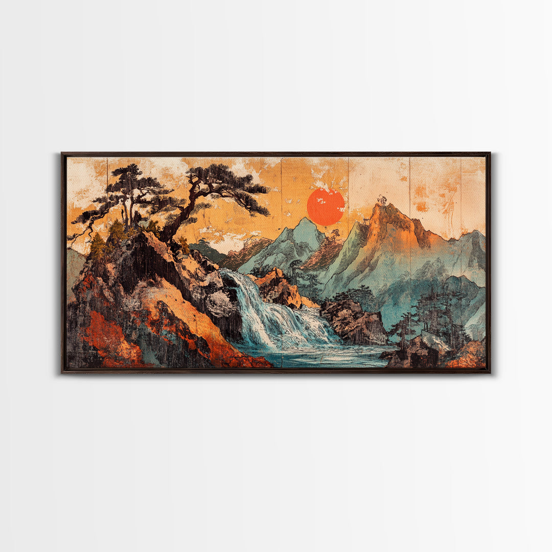 Mountain Waterfall With Red Sun Wall Art, Japanese Landscape Canvas Print, Rustic Nature Living Room Decor Housewarming Gift