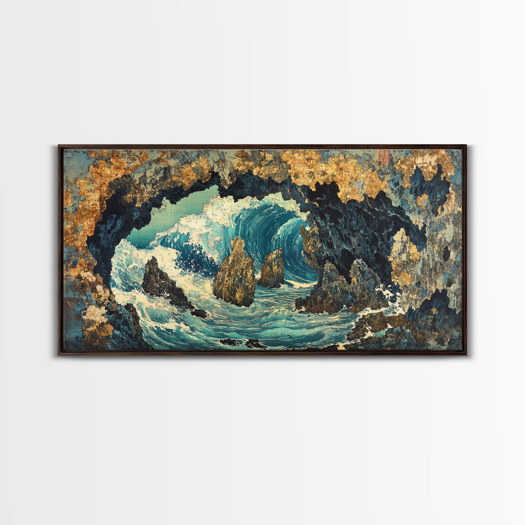 Crashing Ocean Wave Inside Rocky Cave Wall Art, Japanese Seascape Canvas Print, Coastal Nautical Living Room Decor Gift For Her