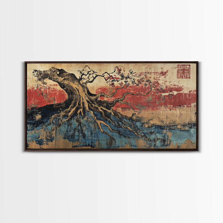 Ancient Tree Roots Over Blue Water Wall Art, Japanese Landscape Canvas Print, Zen Nature Decor And Rustic Home Decor Gift