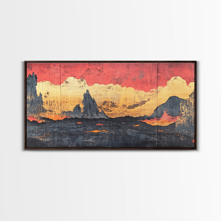 Red Sunset Clouds Over Dark Mountains Wall Art, Japanese Landscape Canvas Print, Moody Rustic Living Room Decor Gift For Him