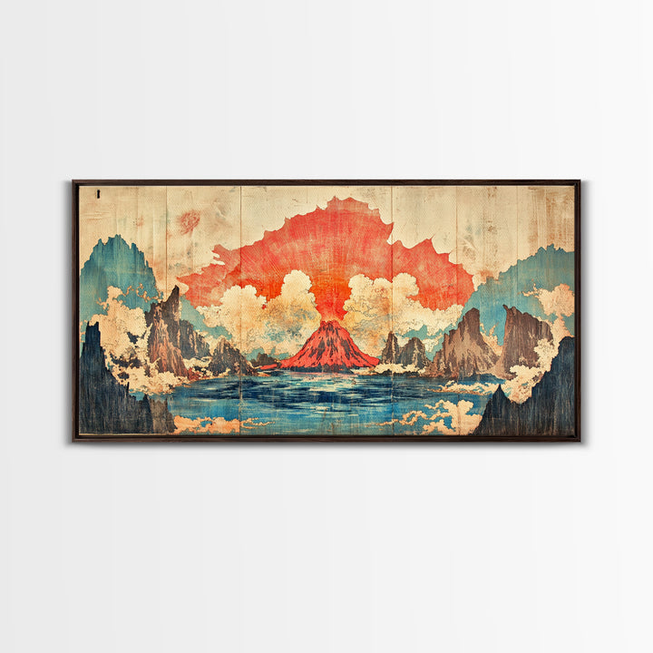 Erupting Red Volcano On Blue Mountain Lake Wall Art, Japanese Landscape Canvas Print, Dramatic Nature Living Room Decor Gift