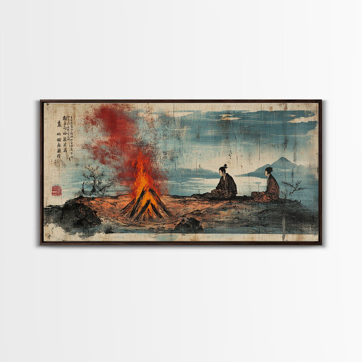 Samurai Figures By Campfire And Lake Wall Art, Japanese Landscape Canvas Print, Zen Rustic Home Decor, Travel Gift For Him