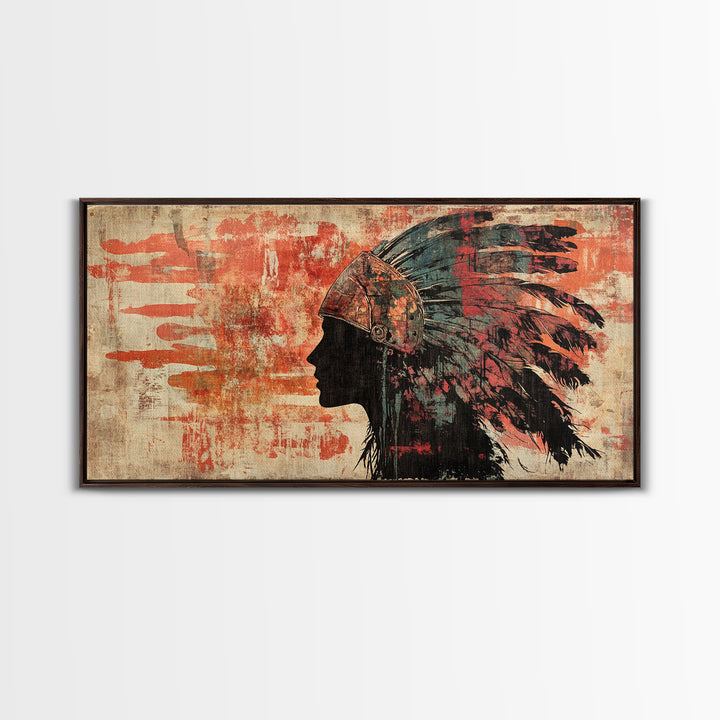 Indigenous Warrior Headdress Silhouette Wall Art, Tribal Canvas Print, Southwestern Decor, Rustic Western Living Room Art