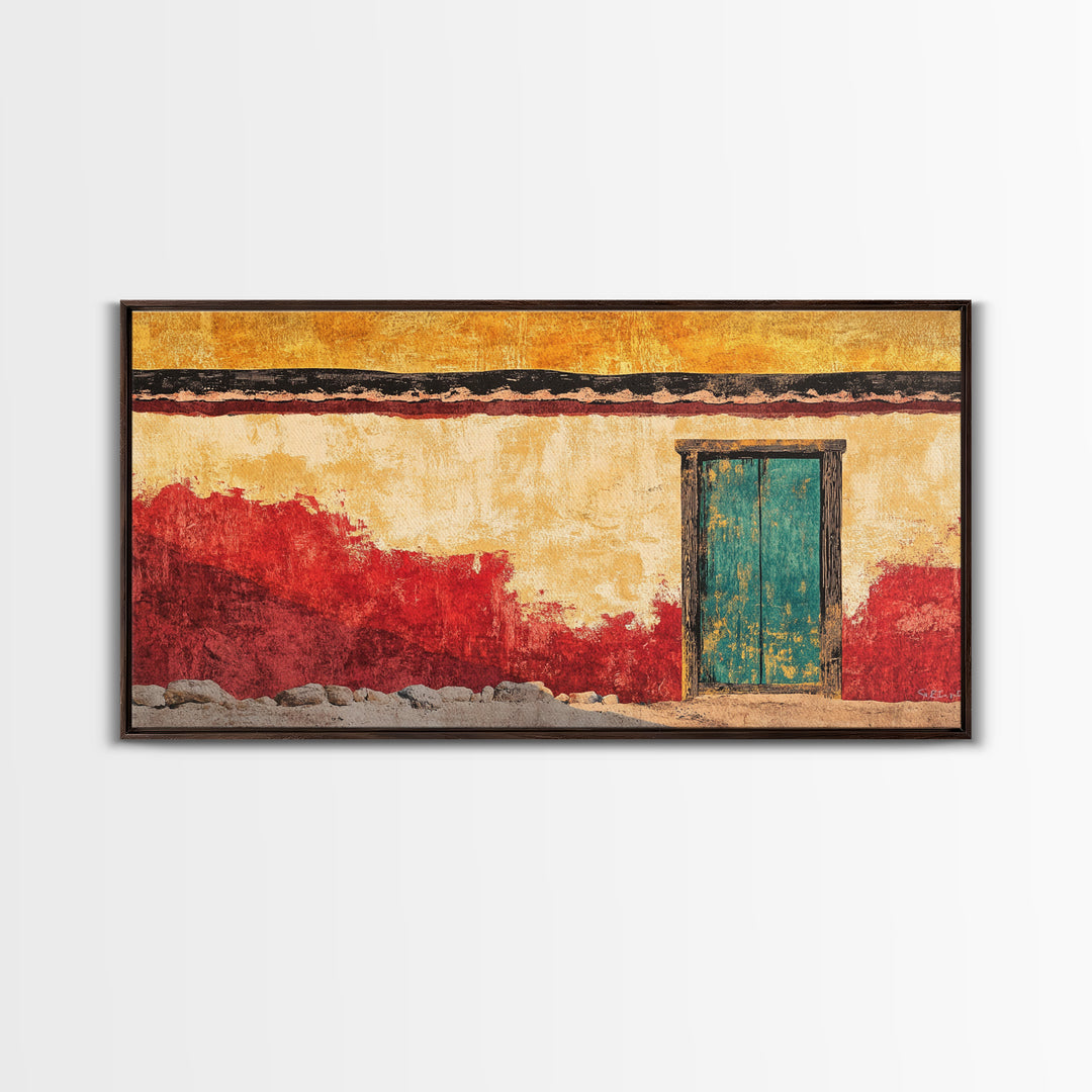 Turquoise Door Adobe Southwest Wall Art, Rustic Canvas Print, Mexican Courtyard Decor, Warm Entryway Living Room Art, Home Decor