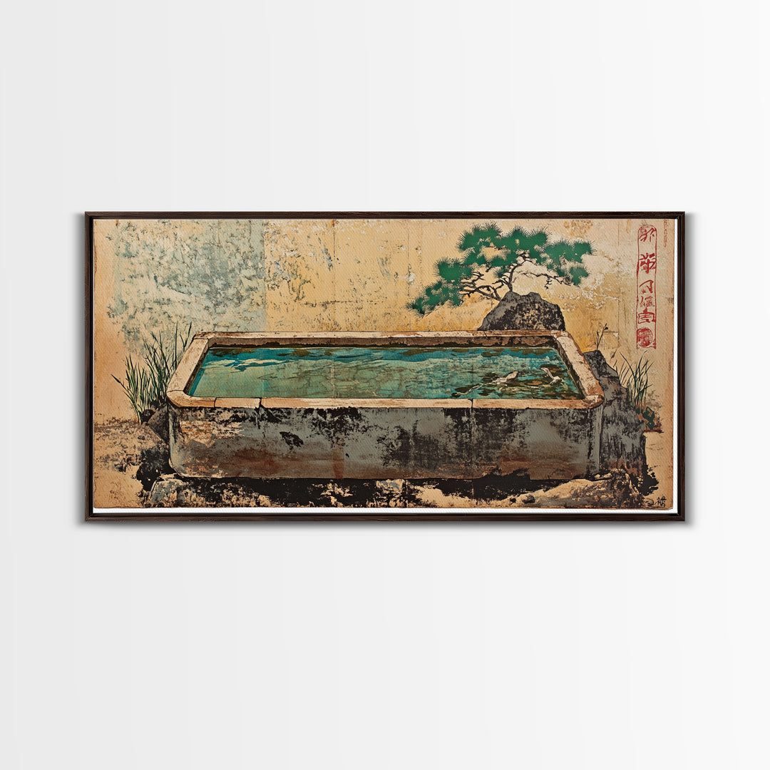 Japanese Stone Water Trough Garden Wall Art, Zen Framed Canvas Print, Bonsai Decor, Spa Meditation Room Wall Decor, Japandi Decor
