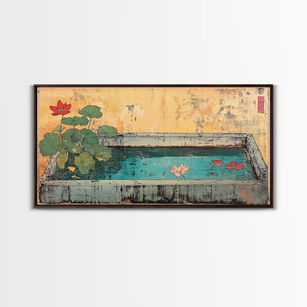 Lotus Koi Pond Garden Basin Wall Art, Japanese Canvas Print, Botanical Zen Decor, Spa Bathroom Living Room Wall Decor, Home Decor