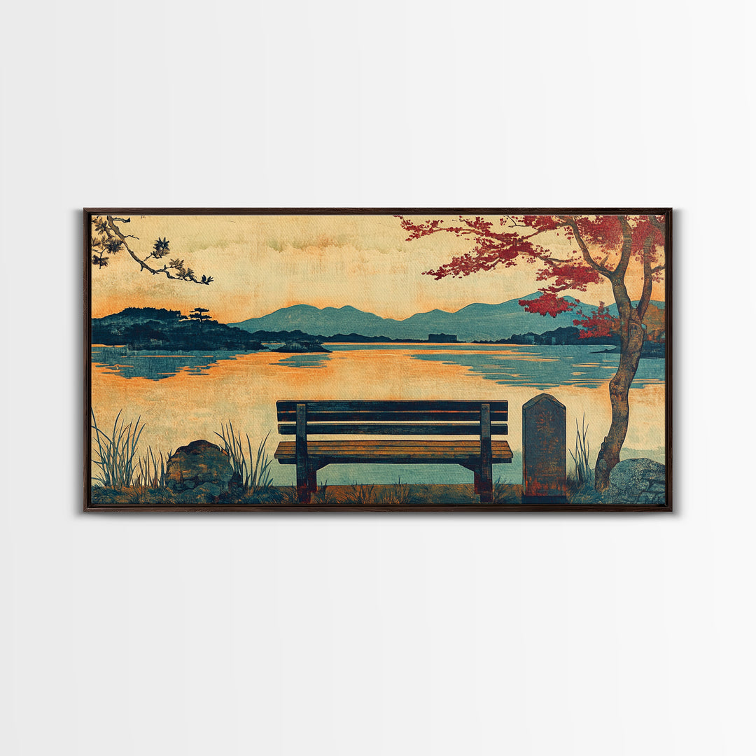 Autumn Lakeside Bench Mountain View Wall Art, Landscape Canvas Print, Rustic Cabin Decor, Serene Living Room Art, Home Decor