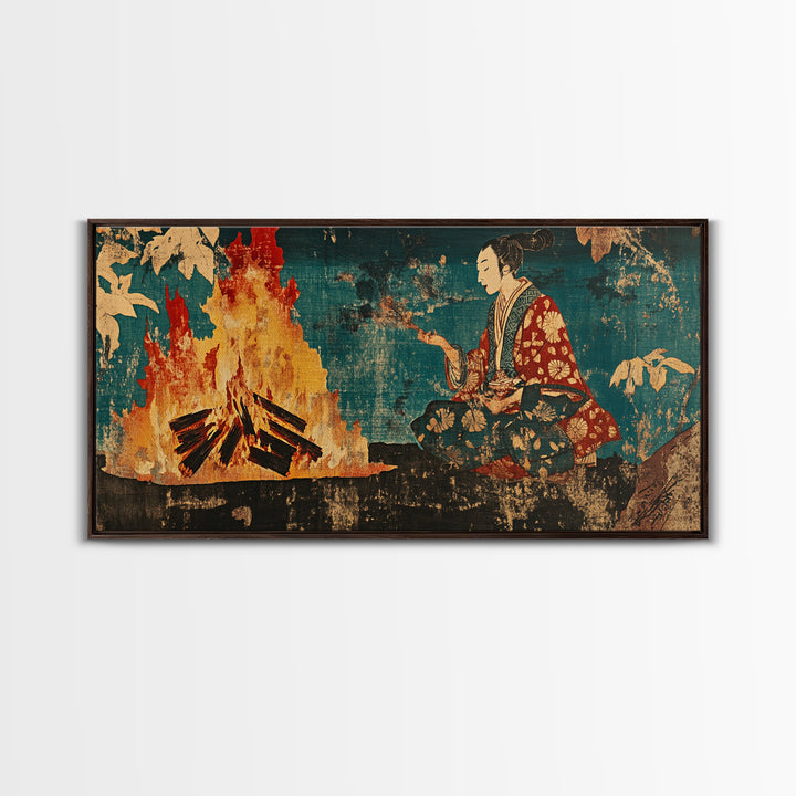 Japanese Woman Beside Bonfire Wall Art, Ukiyo E Style Canvas, Asian Inspired Decor, Japandi Living Room Wall Decor, Home Decor