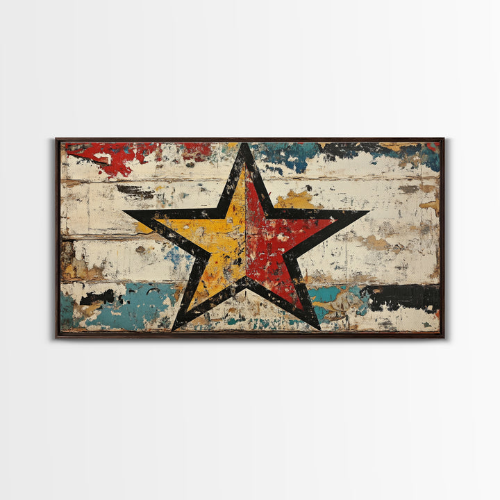 Distressed Red Yellow Star Wall Art, Rustic Americana Canvas Print, Farmhouse Wall Decor, Game Room Decor, Unique Gift For Him