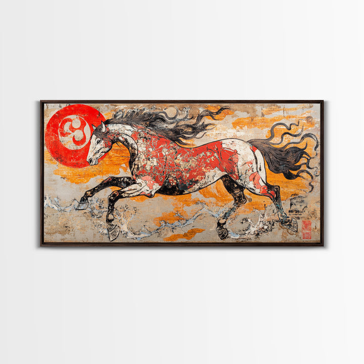 Galloping Horse And Red Sun Wall Art, Japanese Style Canvas Print, Equestrian Decor, Western Living Room Art, Home Decor Gift