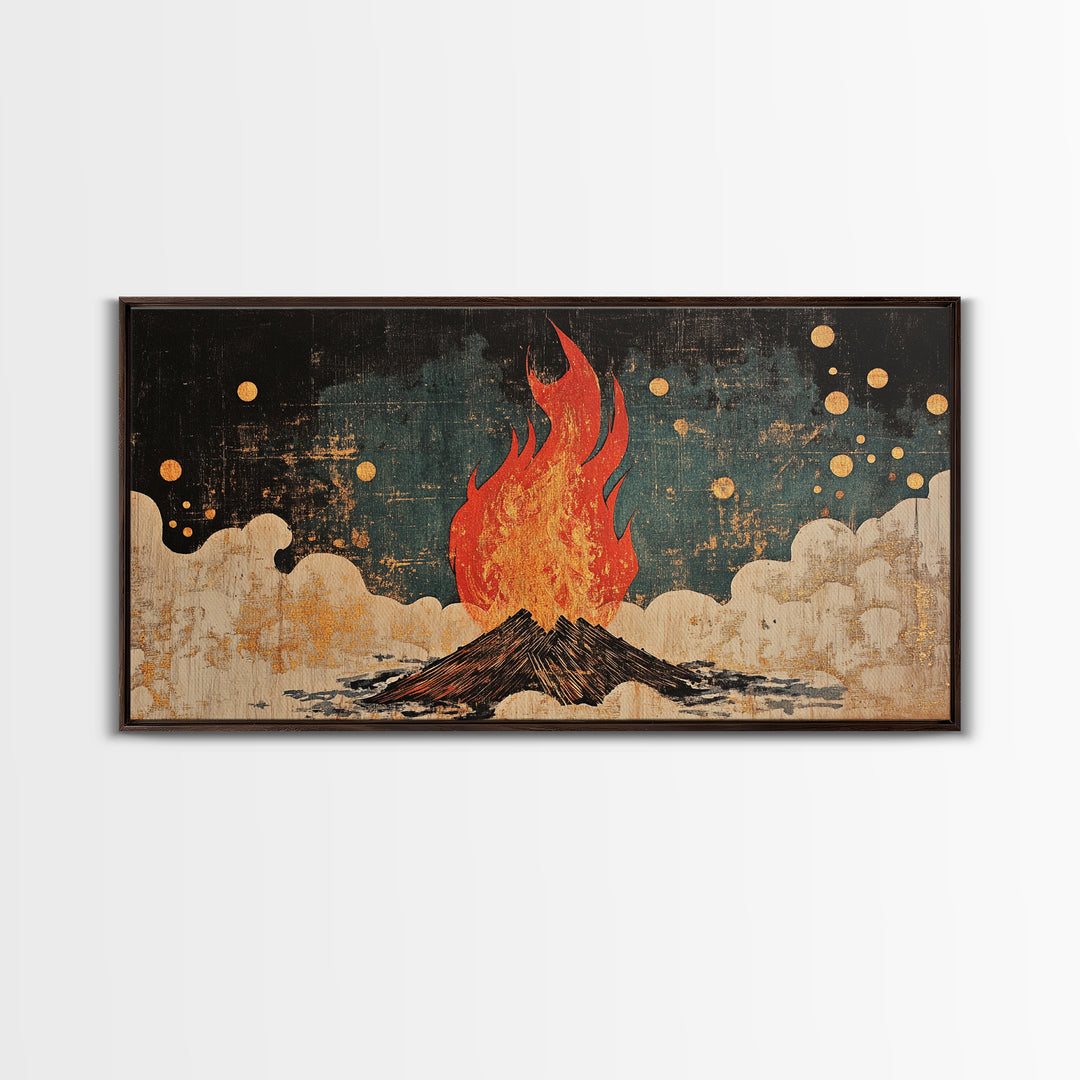 Blazing Campfire Under Moonlit Sky Wall Art, Dark Folk Art Print, Celestial Boho Decor, Rustic Cabin Lodge Home Decor Framed Canvas