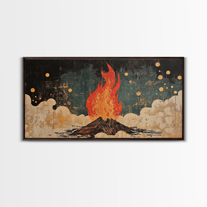 Blazing Campfire Under Moonlit Sky Wall Art, Dark Folk Art Print, Celestial Boho Decor, Rustic Cabin Lodge Home Decor Framed Canvas