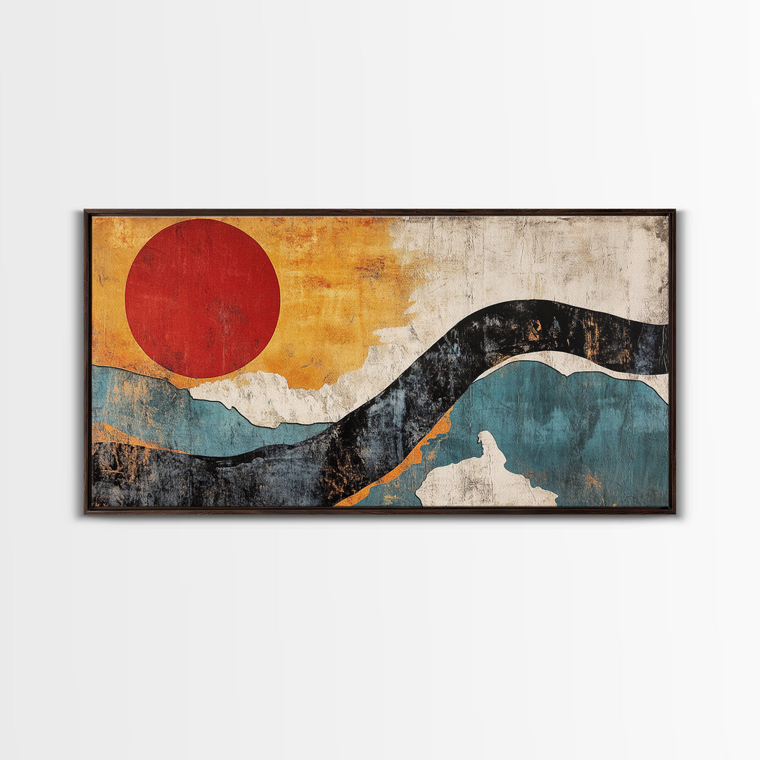 Red Sun And Blue Wave Abstract Wall Art, Mid Century Modern Print, Japandi Home Decor, Minimalist Large Framed Canvas Print