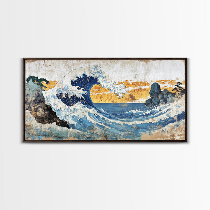 Crashing Ocean Wave Between Rocks Wall Art, Japanese Seascape Print, Coastal Decor, Nautical Living Room Framed Canvas Print