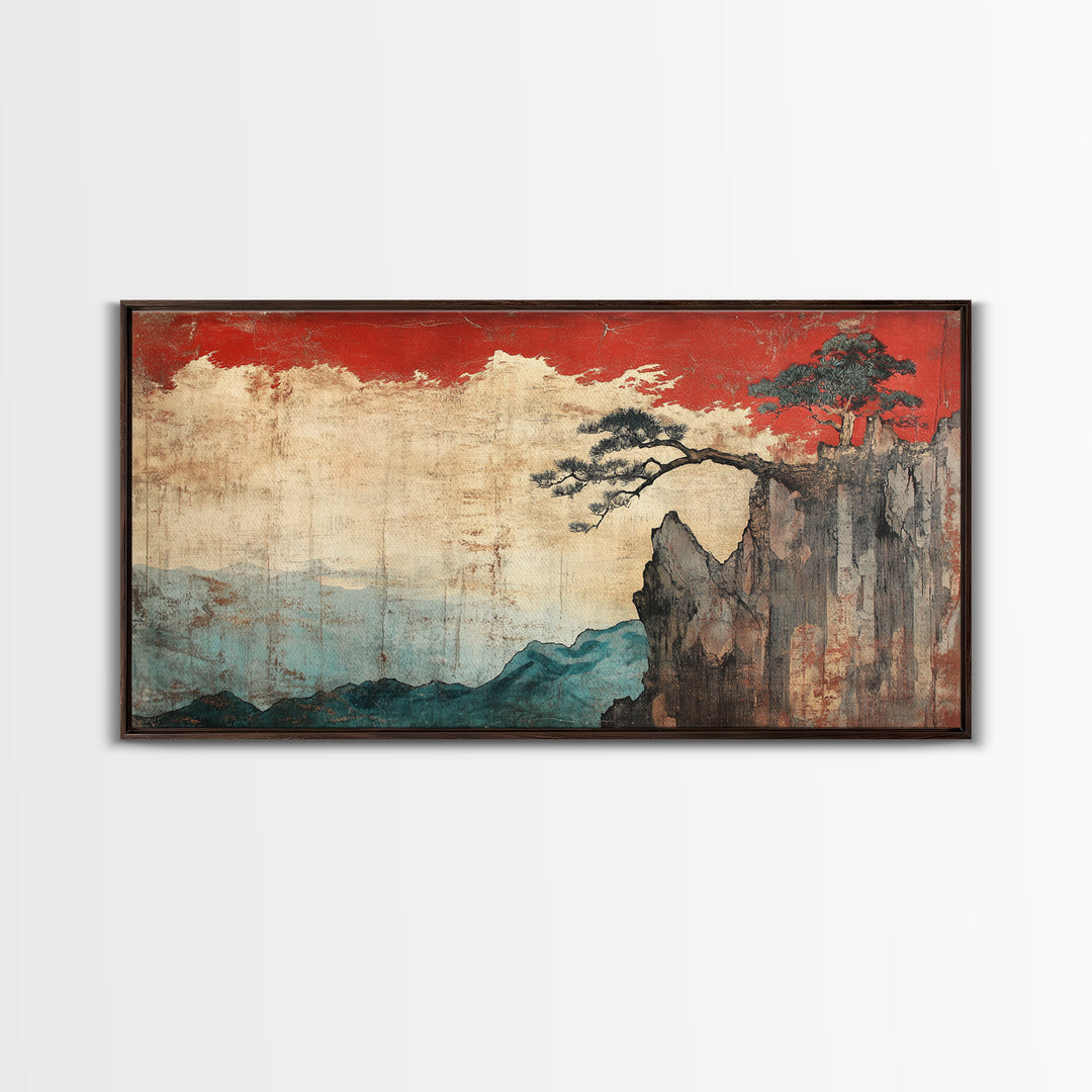 Red Sky Cliff And Pine Mountain Wall Art, Japanese Landscape Print, Moody Nature Decor, Large Japandi Living Room Framed Canvas