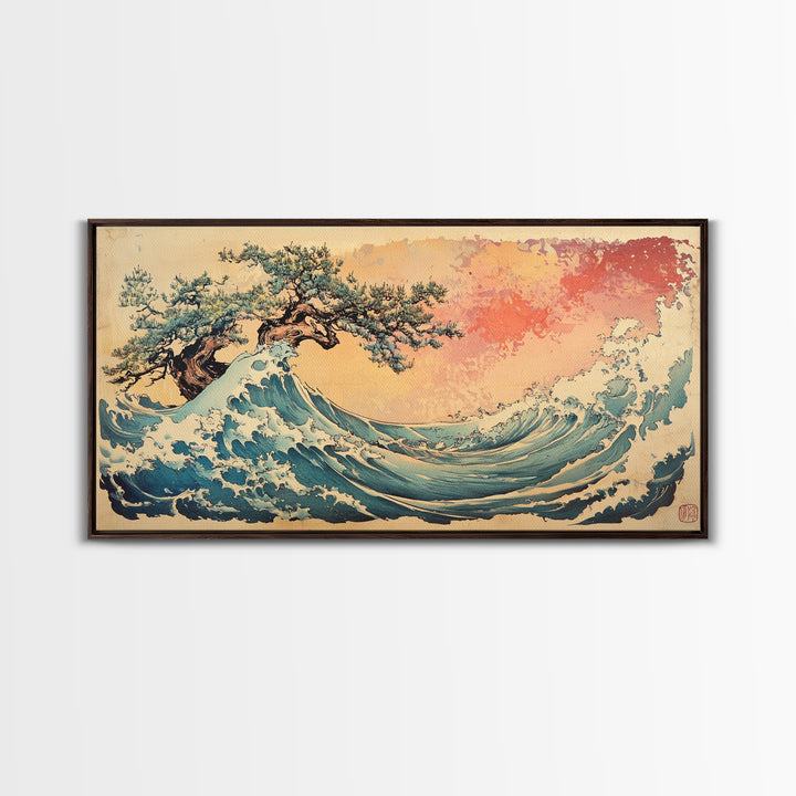 Great Wave With Wind Swept Pine Tree Wall Art, Japanese Ocean Canvas Print For Coastal Decor And Modern Living Room Wall Decor